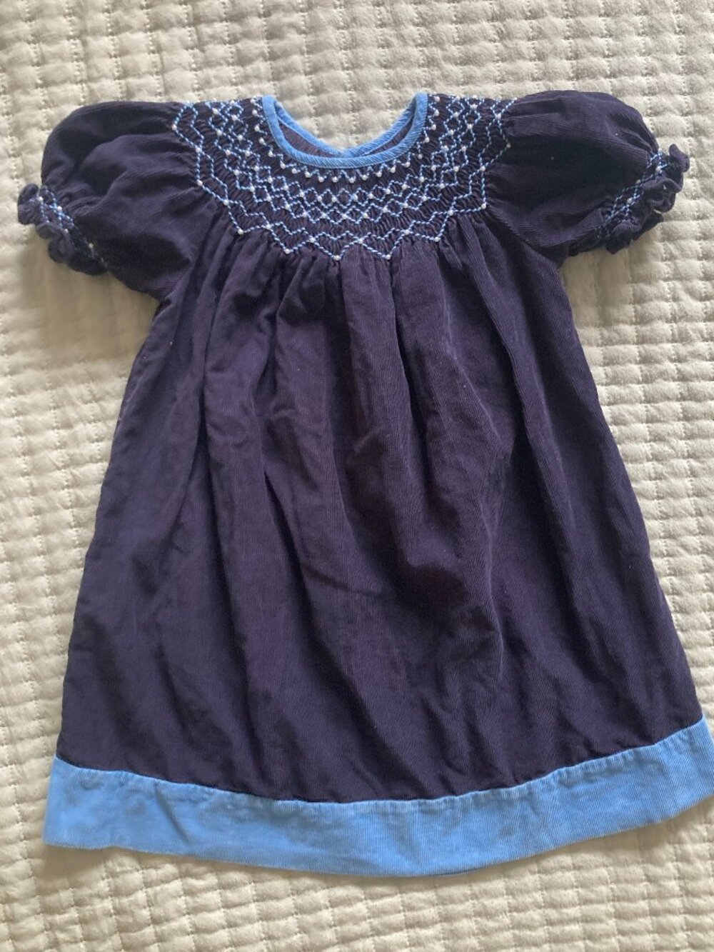 Mom & Me Navy Cord Girls Smocked Bishop Dress, 12m